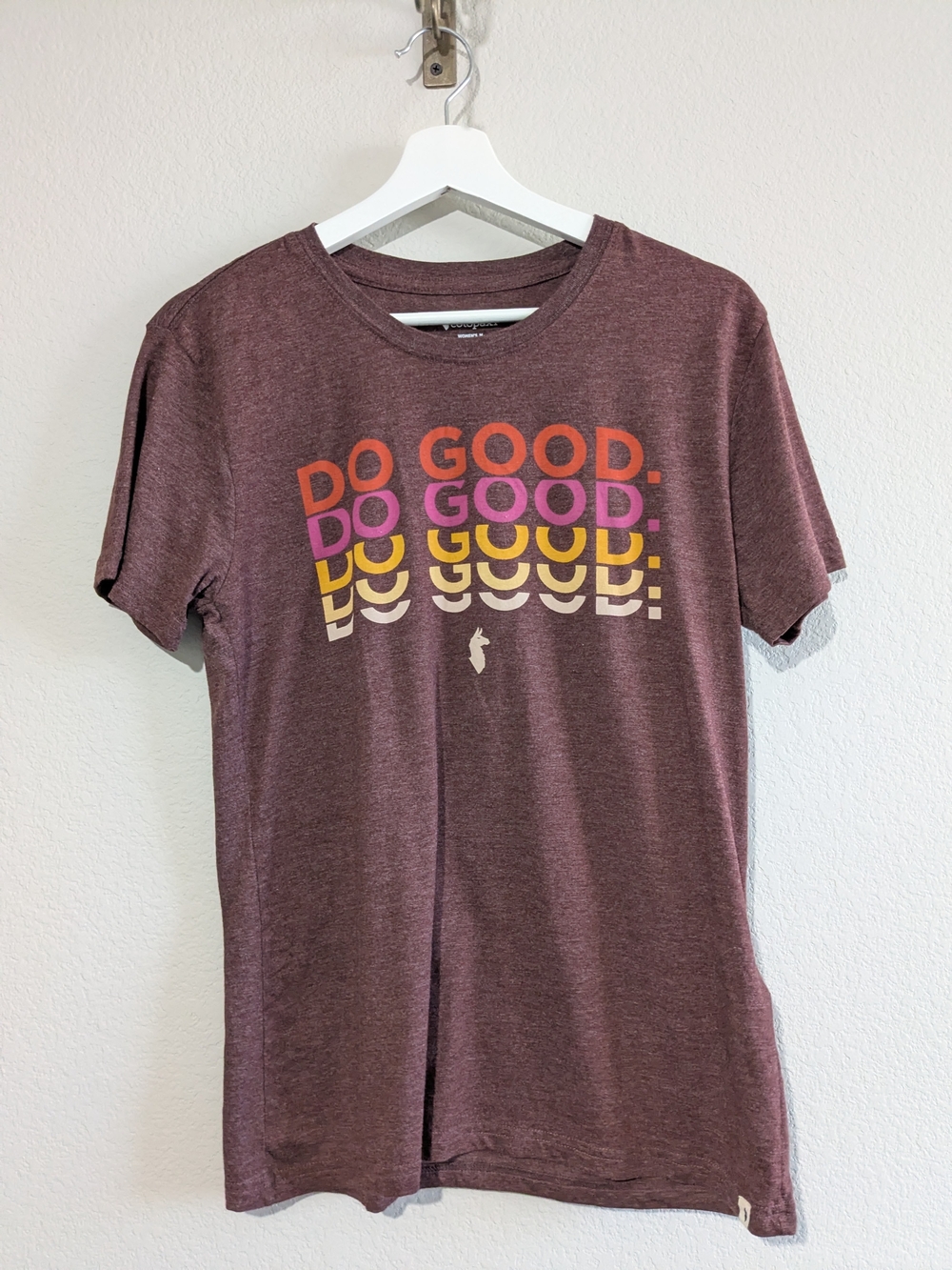 Cotopaxi 'Do Good' Graphic T-Shirt Retro Stacked Color Brand Logo Text NWOT M